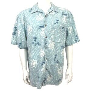 Vintage Hawaiian Shirt L Blue Island Palm Tiki‎ Hut Plumeria Linen High Sierra